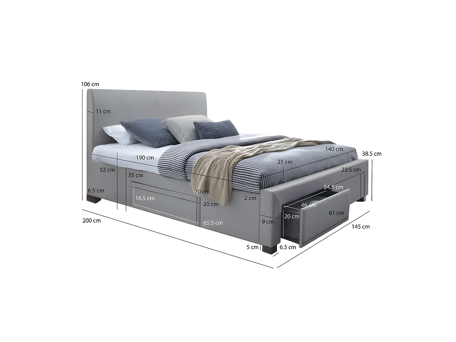 Pack lit 140 x 190 cm en tissu avec tiroirs + matelas - VANCOUVER