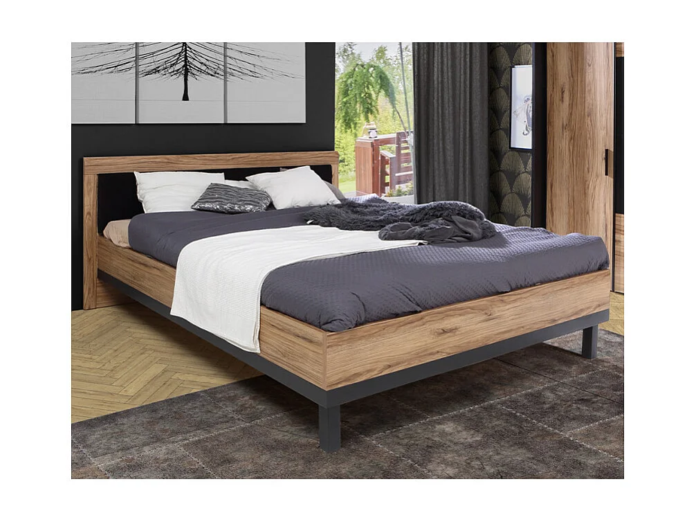 Lit 160 x 200 cm avec tête de lit décor bois chêne et noir - KAMILA