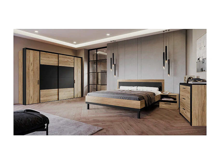 Lit 160 x 200 cm avec tête de lit décor bois chêne et noir - KAMILA