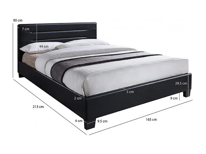 Lit double en simili noir 160 x 200 cm + sommier inclus - BALI