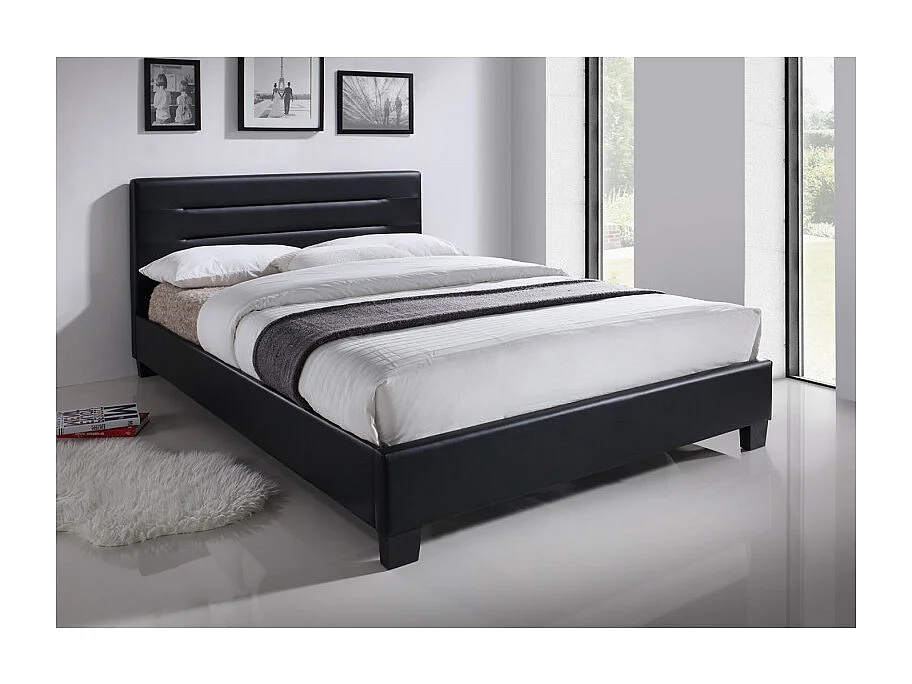 Lit double en simili noir 160 x 200 cm + sommier inclus - BALI