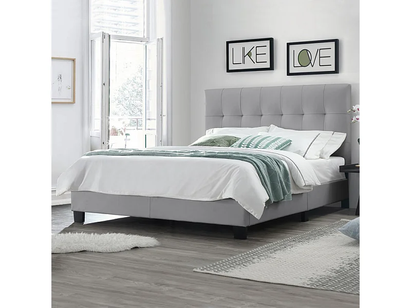 Lit double 140 x 190 cm en simili gris clair + sommier fixe - PANDORA