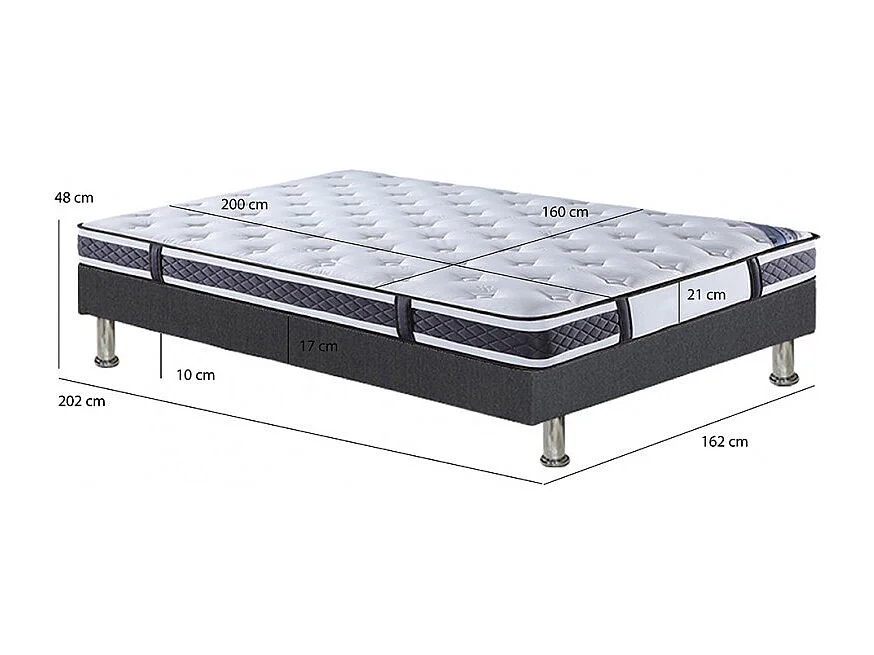 Pack lit 160 x 200 cm sommier tissu gris foncé + matelas - REMIMOS