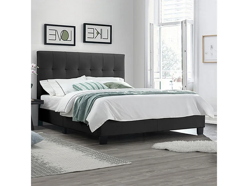 Lit double 160 x 200 cm en simili noir + sommier fixe - PANDORA