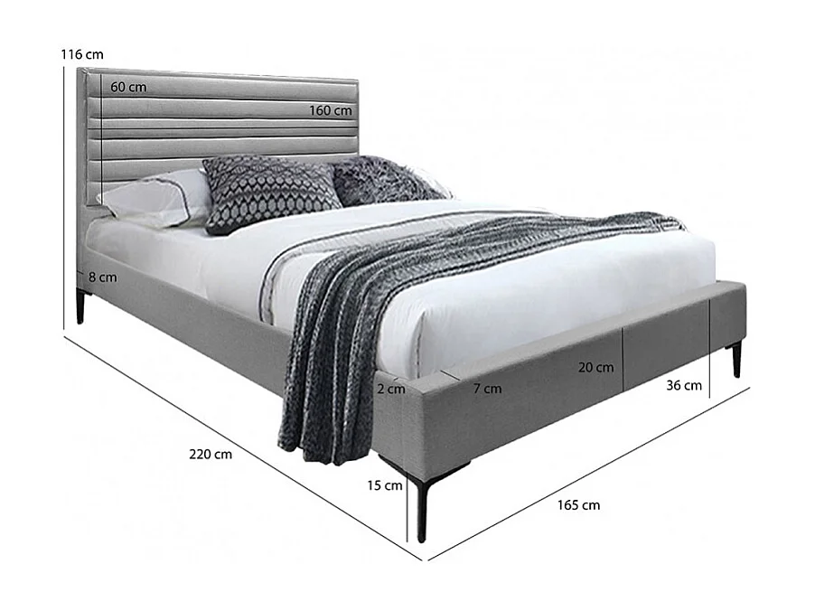Lit double 160 x 200 cm en tissu gris + sommier fixe - PALAZZO