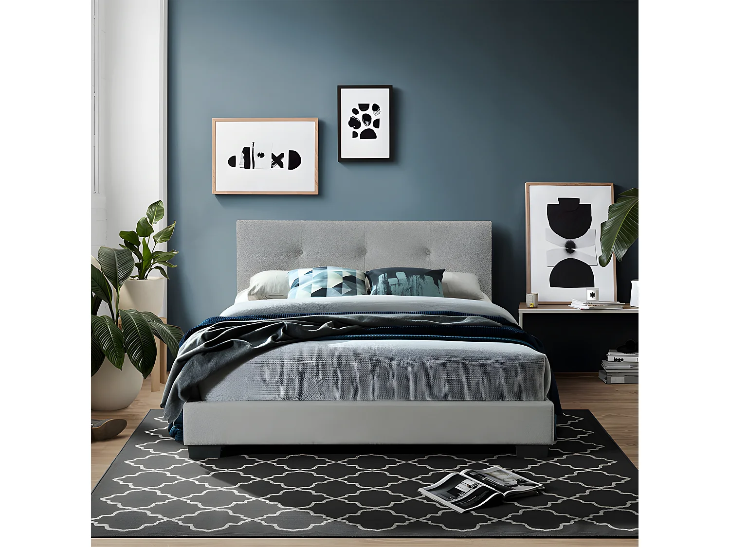 Lit double 140 x 190 cm en tissu gris + sommier fixe - BELLAGIO