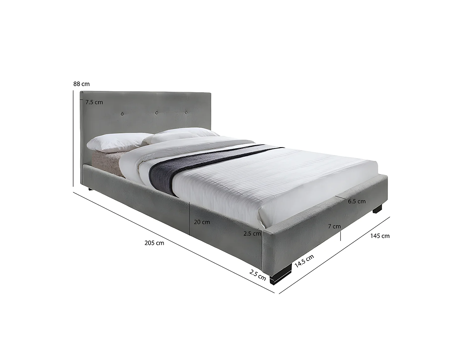 Lit double 140 x 190 cm en tissu gris + sommier fixe - BELLAGIO