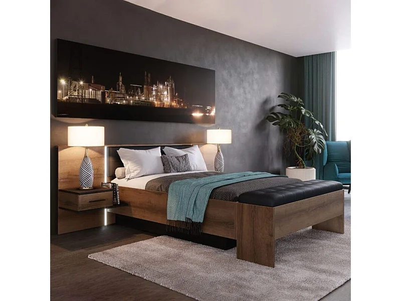 Lit double 180 x 200 décor chêne foncé et noir avec LED - RIVIERA