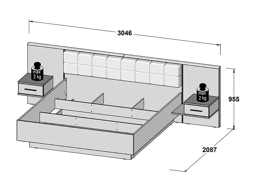 Lit double 180 x 200 décor chêne foncé et noir avec LED - RIVIERA