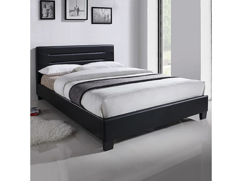 Lit double en simili noir 140 x 190 cm + sommier inclus - BALI