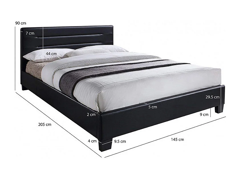 Lit double en simili noir 140 x 190 cm + sommier inclus - BALI