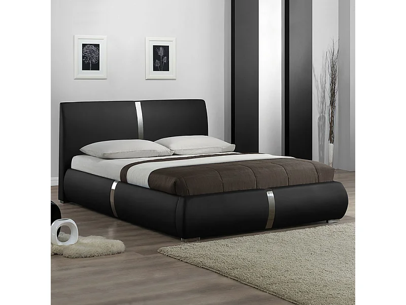 Lit double 160 x 200 cm en simili noir et métal + sommier fixe - EDEN