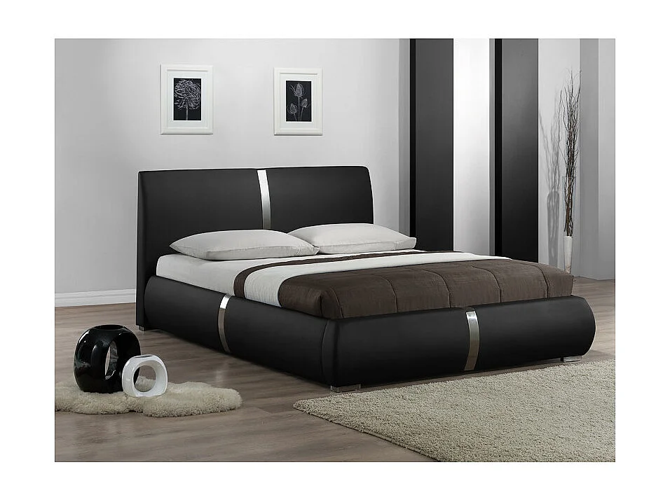 Lit double 140 x 190 cm en simili noir et métal + sommier fixe - EDEN