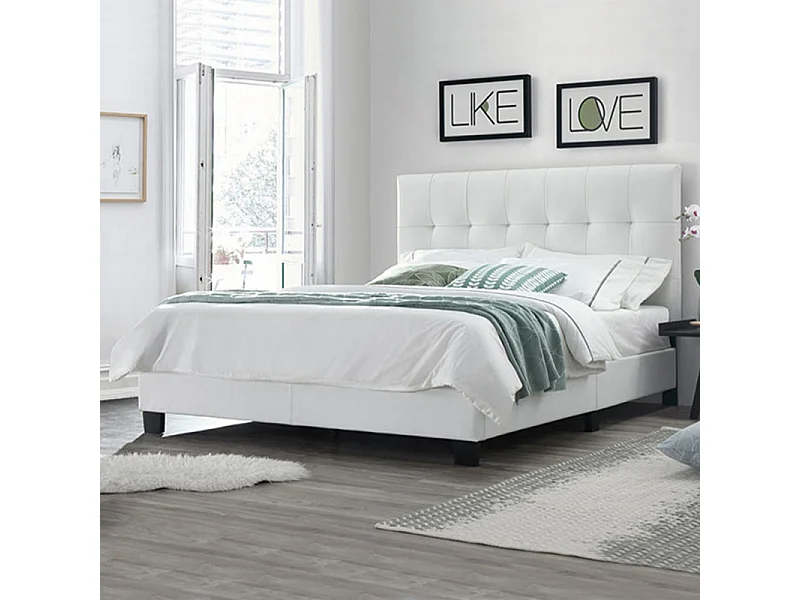Lit double 140 x 190 cm en simili blanc + sommier fixe - PANDORA