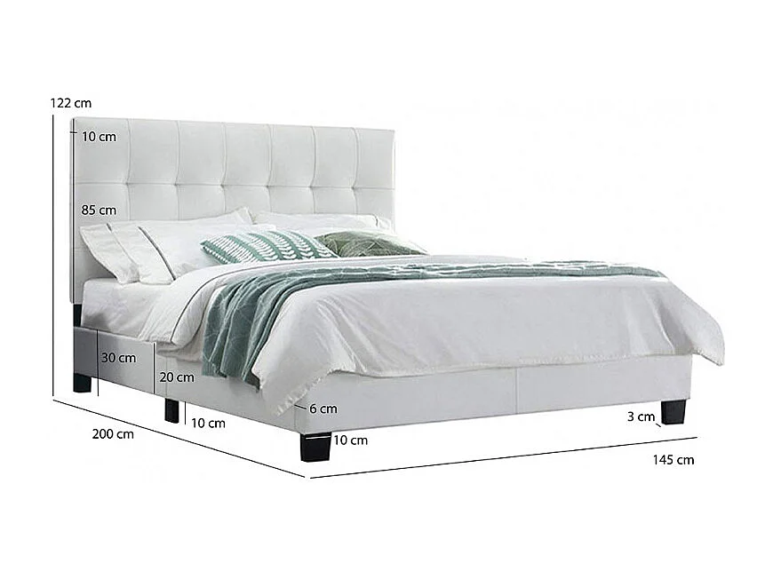 Lit double 140 x 190 cm en simili blanc + sommier fixe - PANDORA