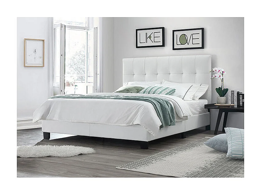 Lit double 140 x 190 cm en simili blanc + sommier fixe - PANDORA