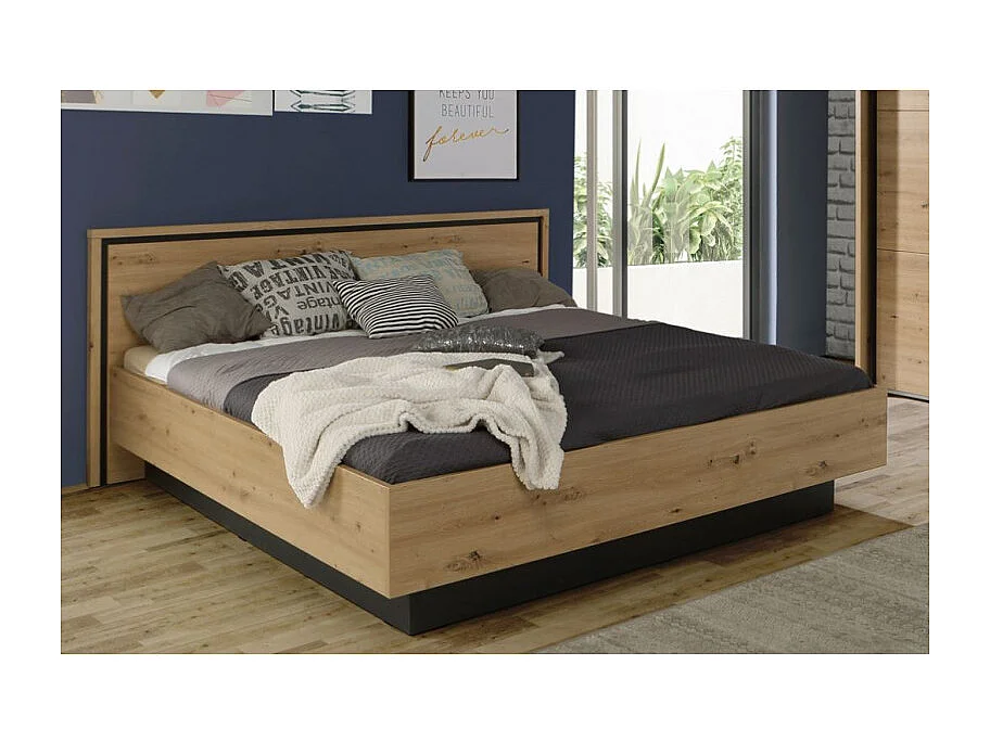 Lit 160 x 200 cm tête de lit décor chêne naturel et noir mat - ALIA