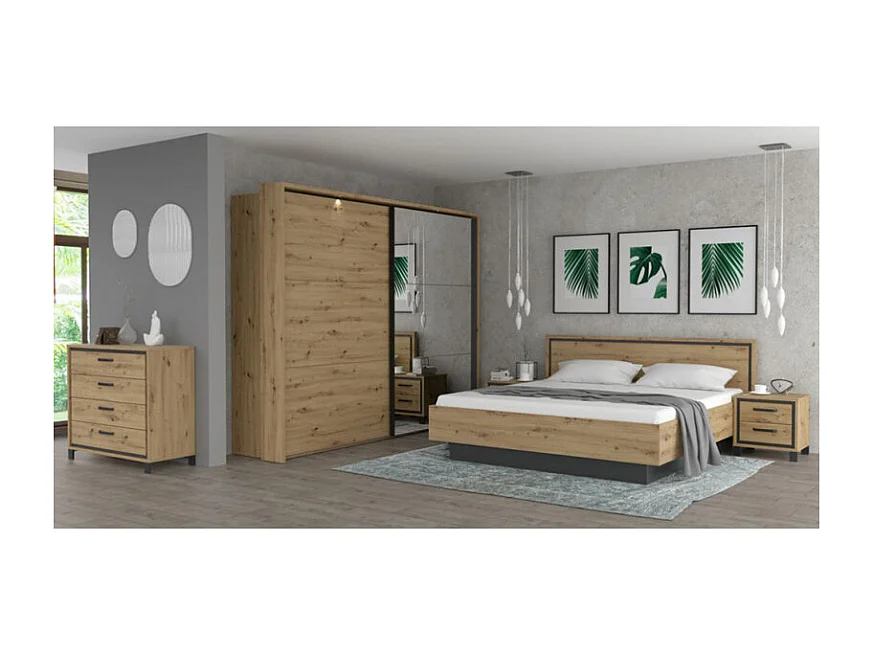 Lit 160 x 200 cm tête de lit décor chêne naturel et noir mat - ALIA