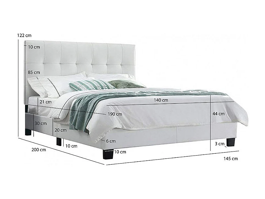 Pack lit 140 x 190 cm en simili blanc + matelas - PANDORA