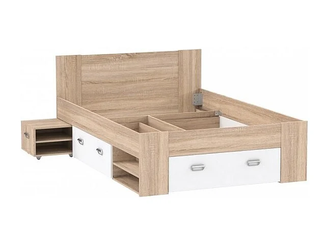 Lit 140 x 200 cm tiroirs et rangements décor bois clair blanc - MILO