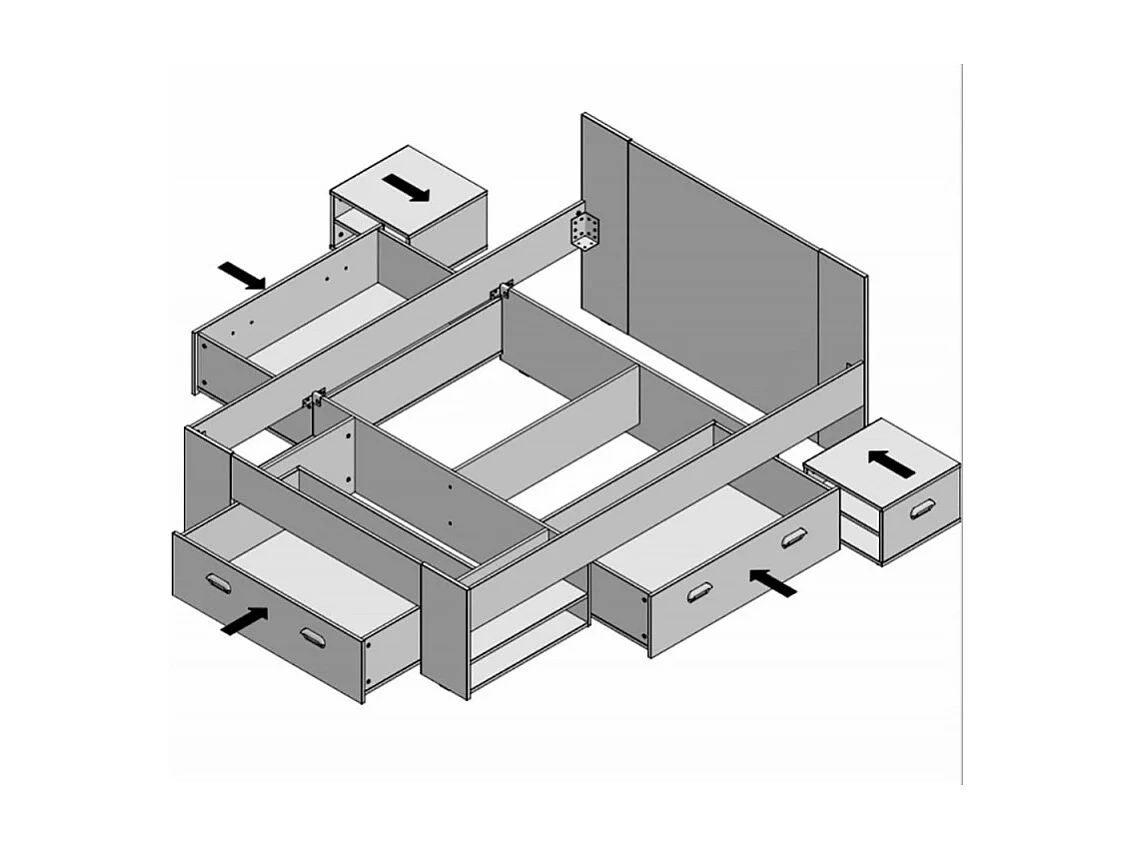 Lit 140 x 200 cm tiroirs et rangements décor bois clair blanc - MILO