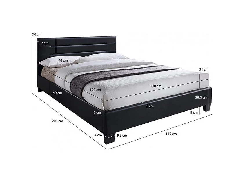 Pack lit 140 x 190 cm en simili noir + matelas - BALI