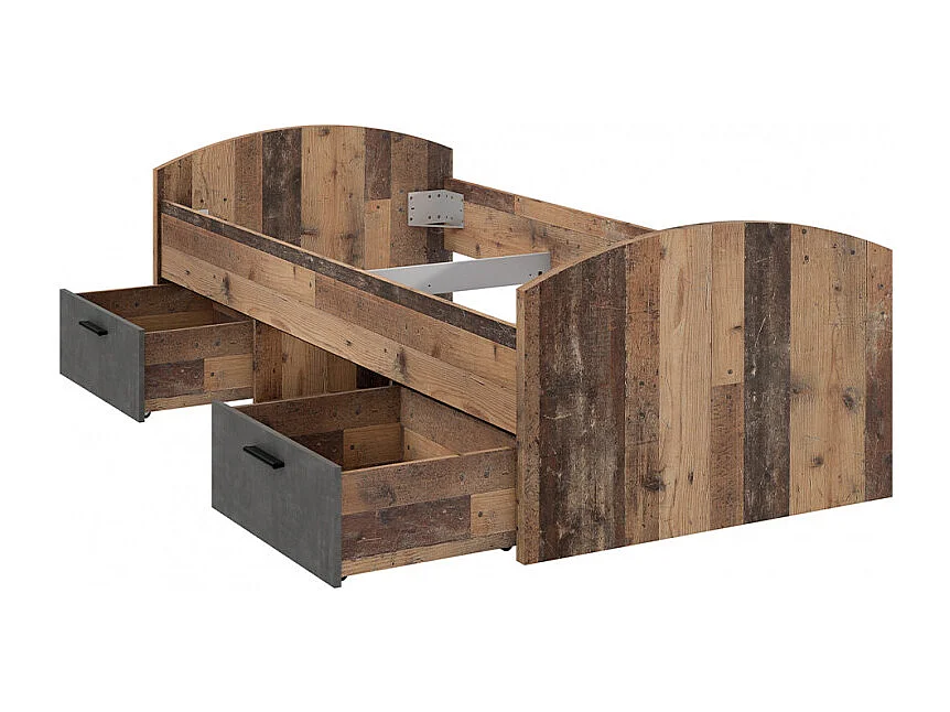 Lit 90 x 200 cm 2 tiroirs décor bois vintage et béton gris - BUCKY