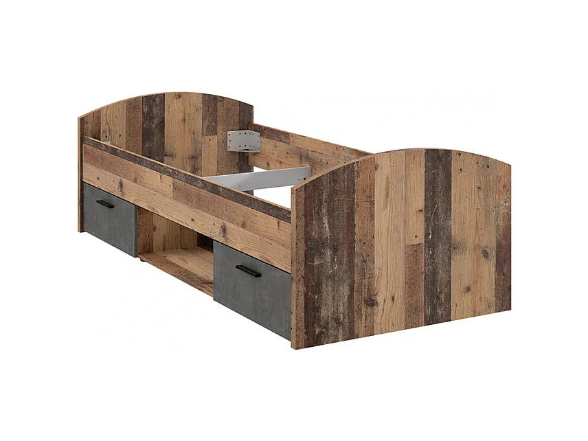 Lit 90 x 200 cm 2 tiroirs décor bois vintage et béton gris - BUCKY