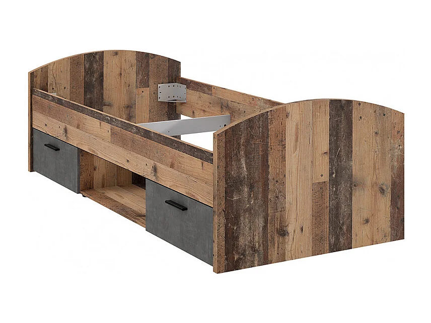 Lit 90 x 200 cm 2 tiroirs décor bois vintage et béton gris - BUCKY