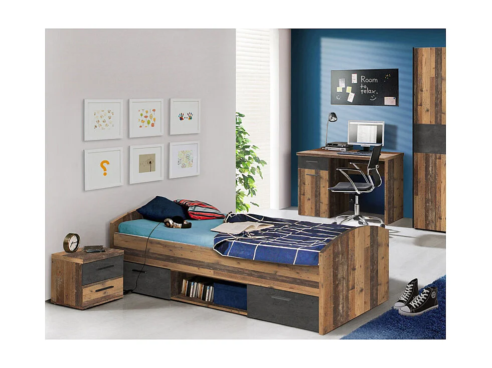 Lit 90 x 200 cm 2 tiroirs décor bois vintage et béton gris - BUCKY