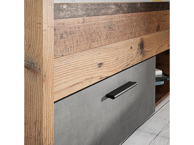 Lit 90 x 200 cm 2 tiroirs décor bois vintage et béton gris - BUCKY