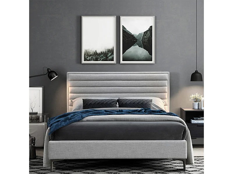 Pack lit 160 x 200 cm en tissu gris + matelas - PALAZZO