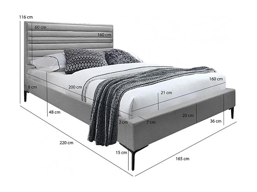 Pack lit 160 x 200 cm en tissu gris + matelas - PALAZZO