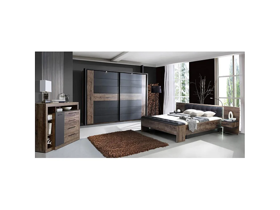 Lit double 160 x 200 décor chêne foncé et noir avec LED - RIVIERA