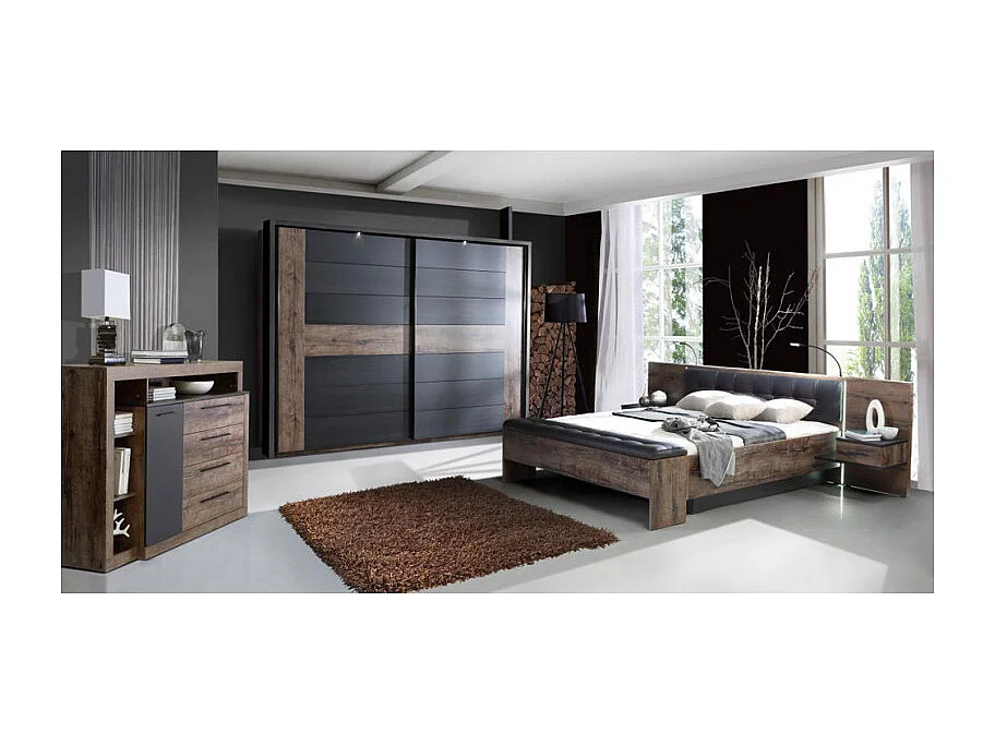 Lit double 160 x 200 décor chêne foncé et noir avec LED - RIVIERA