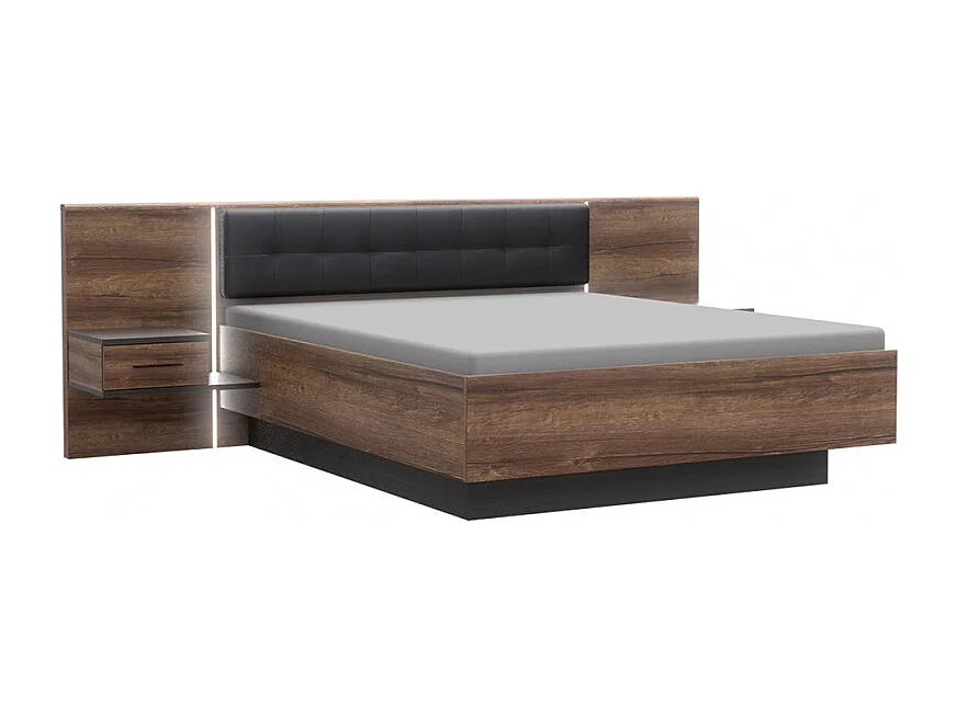 Lit double 160 x 200 décor chêne foncé et noir avec LED - RIVIERA