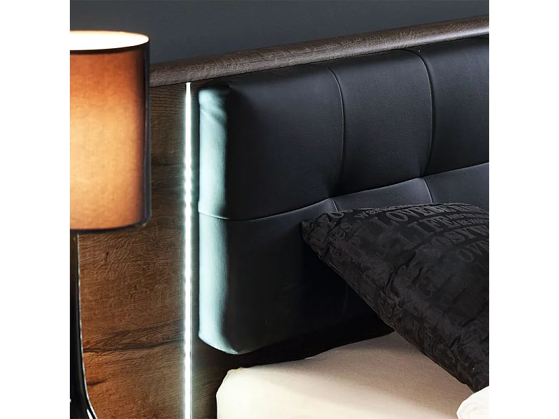 Lit double 160 x 200 décor chêne foncé et noir avec LED - RIVIERA