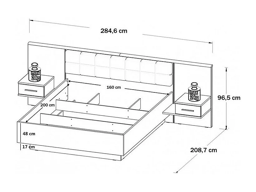Lit double 160 x 200 décor chêne foncé et noir avec LED - RIVIERA