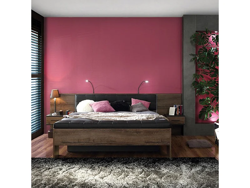 Lit double 160 x 200 décor chêne foncé et noir avec LED - RIVIERA