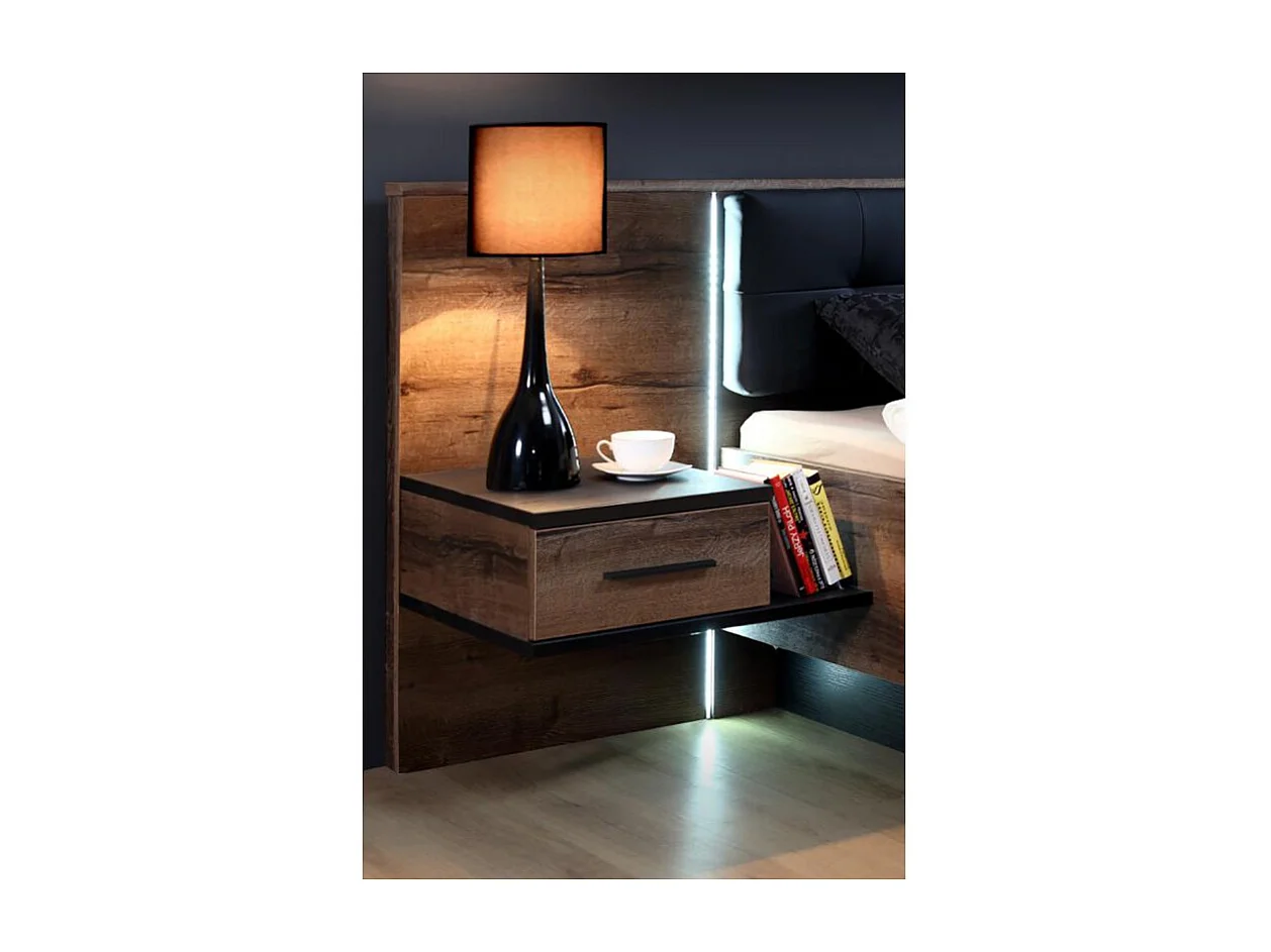 Lit double 160 x 200 décor chêne foncé et noir avec LED - RIVIERA