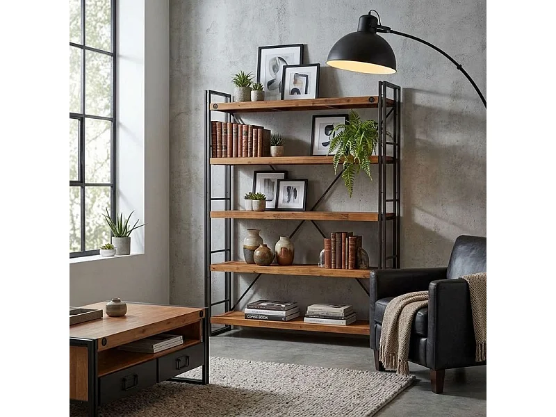Bibliothèque 190 x 150 cm en bois d'acacia et métal - WORKSHOP