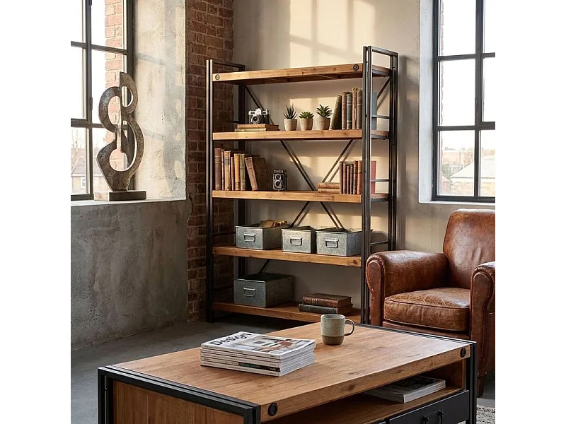 Bibliothèque 190 x 150 cm en bois d'acacia et métal - WORKSHOP