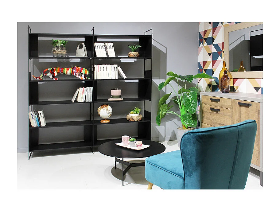Bibliothèque 6 étagères L.180 cm en métal et décor bois noir - CONCEPT