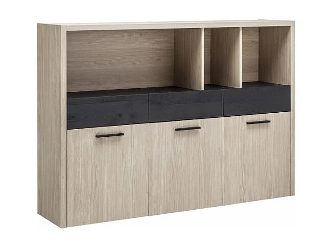 Bibliothèque 3 portes 3 tiroirs décor chêne clair et noir – LEONARDO