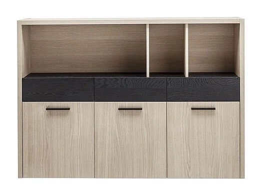 Bibliothèque 3 portes 3 tiroirs décor chêne clair et noir – LEONARDO