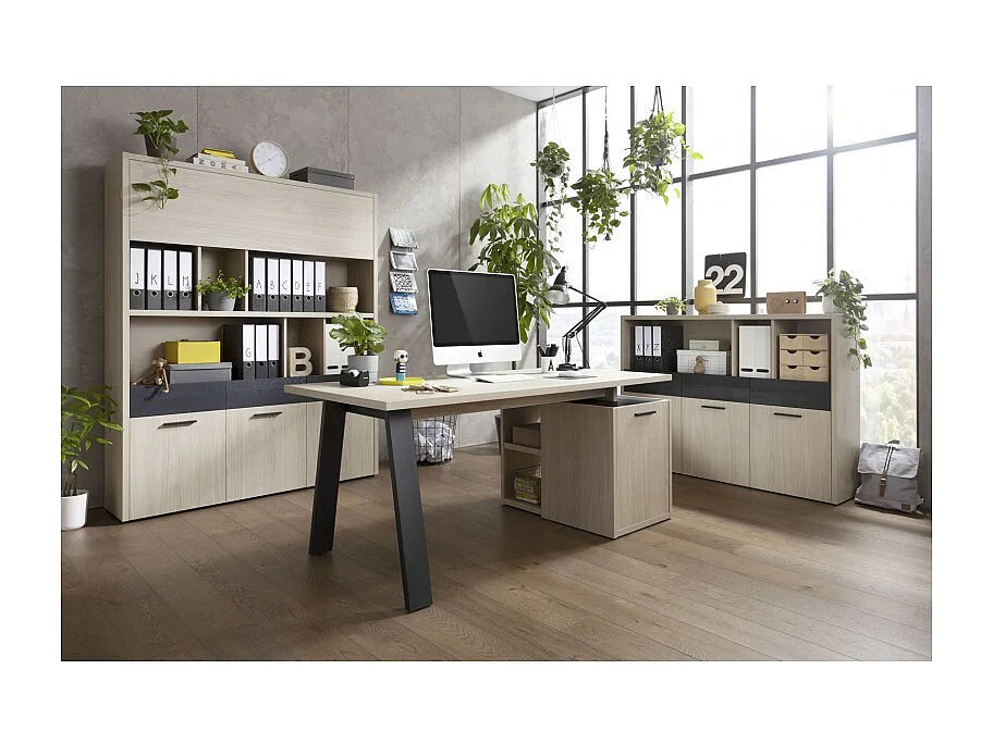 Bibliothèque 3 portes 3 tiroirs décor chêne clair et noir – LEONARDO