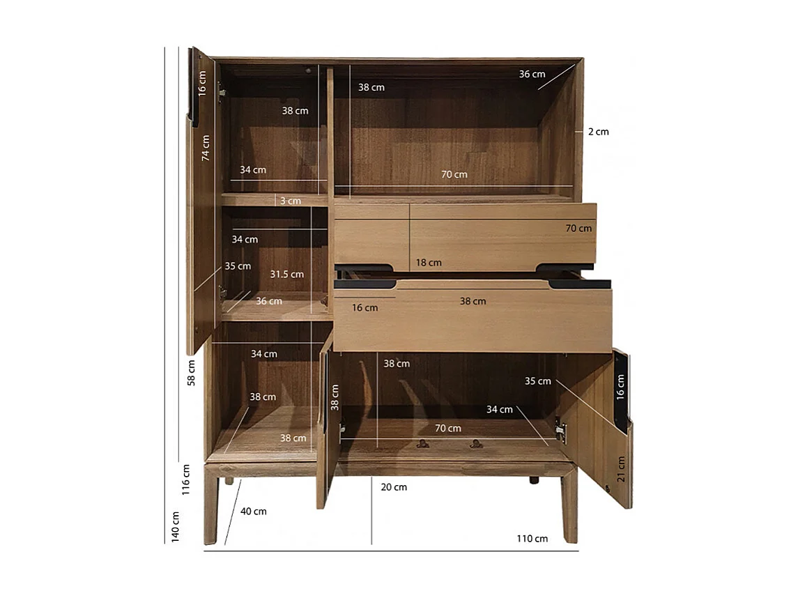 Meuble de rangement bois design 2 tiroirs et placards - KASSIA