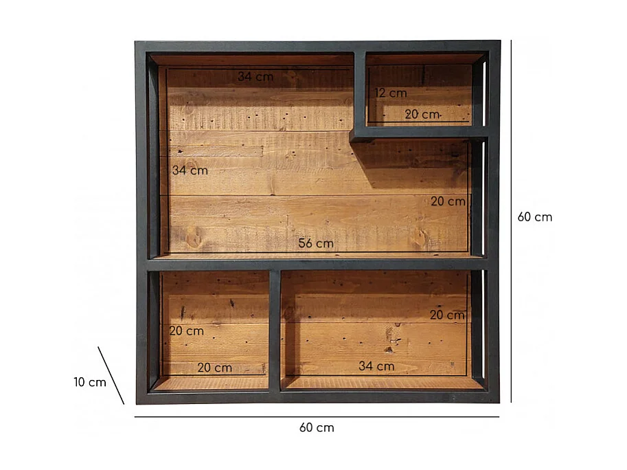 Etagère murale bois rustique et métal noir 60x60 cm - FACTORY