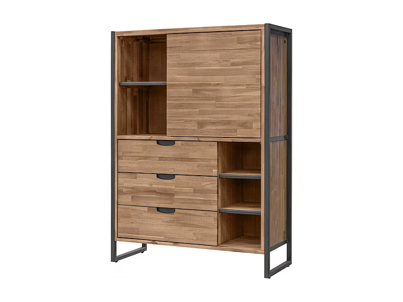 Étagère 3 tiroirs 5 niches 1 porte en bois d'acacia et métal - MAYBEL