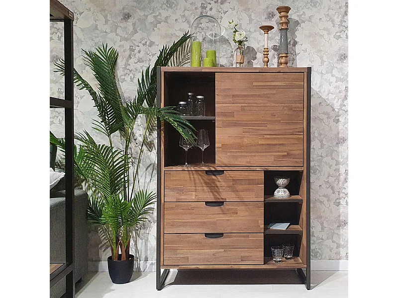 Étagère 3 tiroirs 5 niches 1 porte en bois d'acacia et métal - MAYBEL